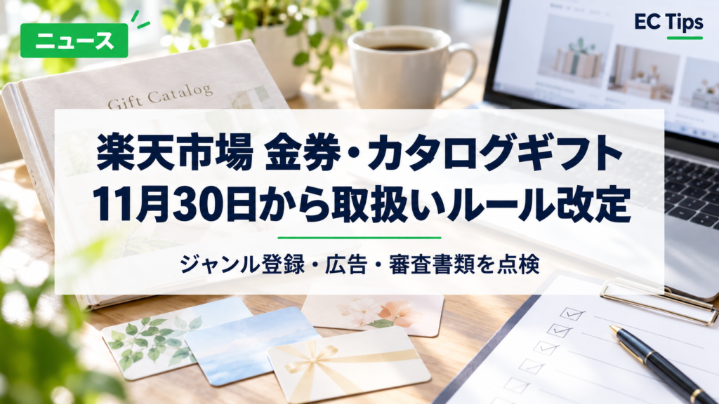楽天市場の金券・カタログギフトの取扱いルールが11月30日に改定されることと、ジャンル登録・広告・審査書類の点検を伝えるニュース画像。
