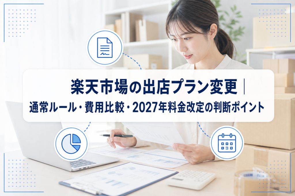 ノートPCと書類を確認するEC担当者を背景に、楽天市場の出店プラン変更と2027年料金改定を示すタイトルカード、契約・費用・日程のアイコンを配置したアイキャッチ。