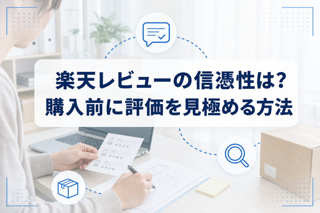 ノートPCとレビューカードを見比べながら、楽天レビューの信憑性と購入前の評価の見極め方を示すアイキャッチ