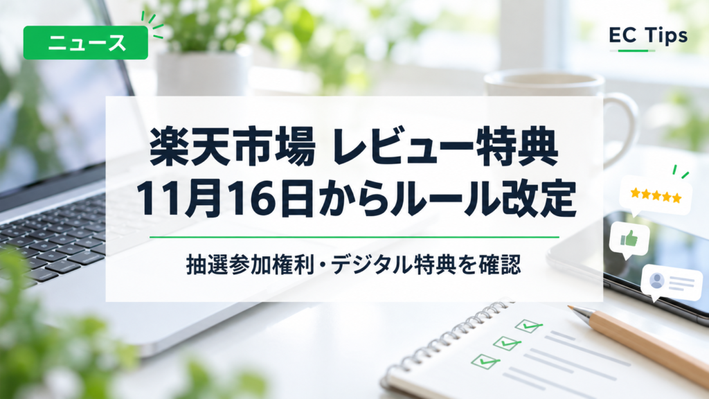 楽天市場のレビュー特典ルールが11月16日に改定されることと、抽選参加権利・デジタル特典の確認を伝えるニュース画像。