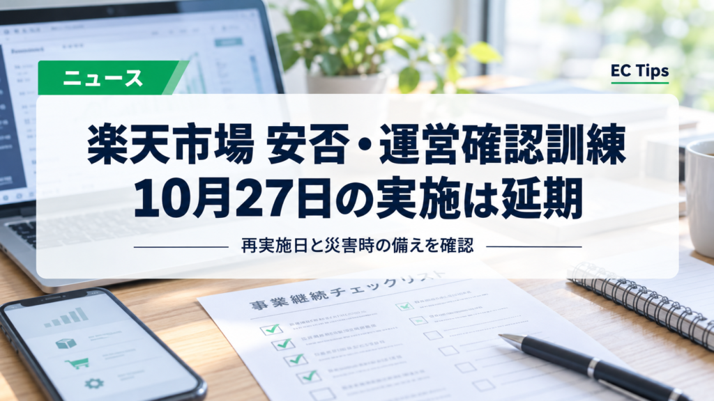 楽天市場の安否・運営確認訓練について、10月27日の実施延期と災害への備えを伝えるニュース画像。