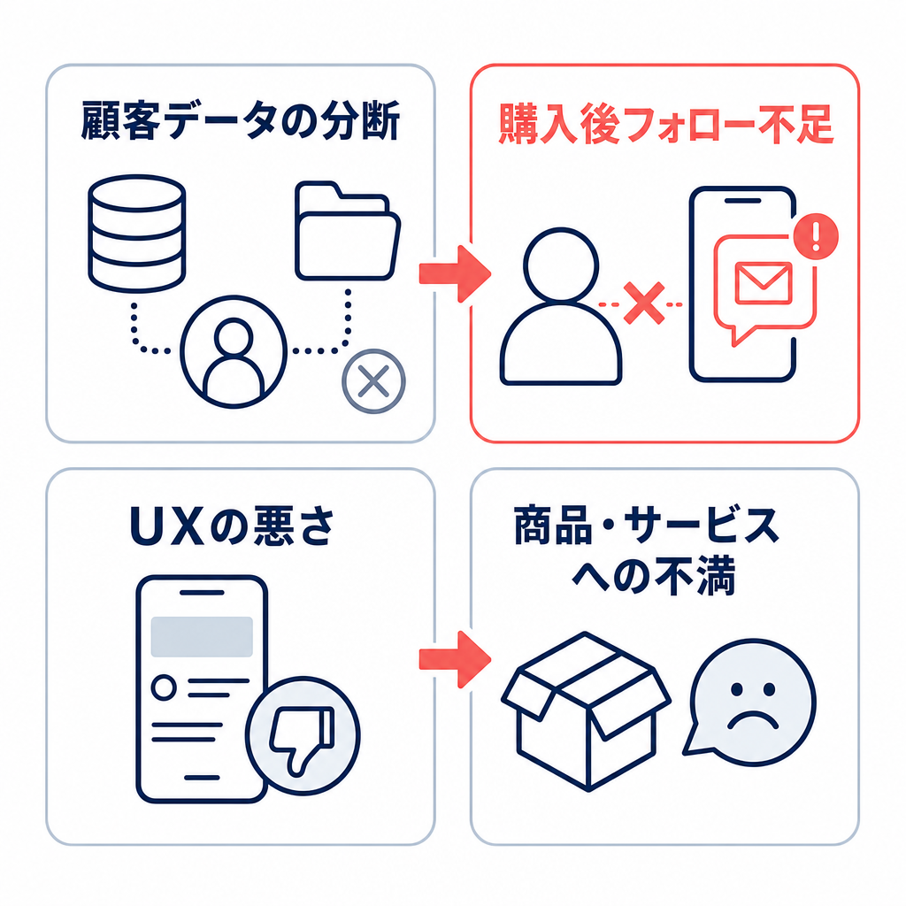 リピート購入が増えない4つの原因を整理した図