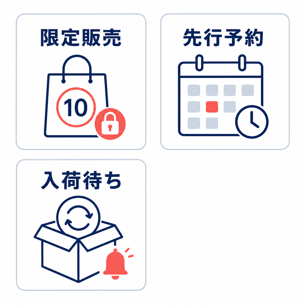限定販売、先行予約、入荷待ちの3種類を並べた予約商品の分類図