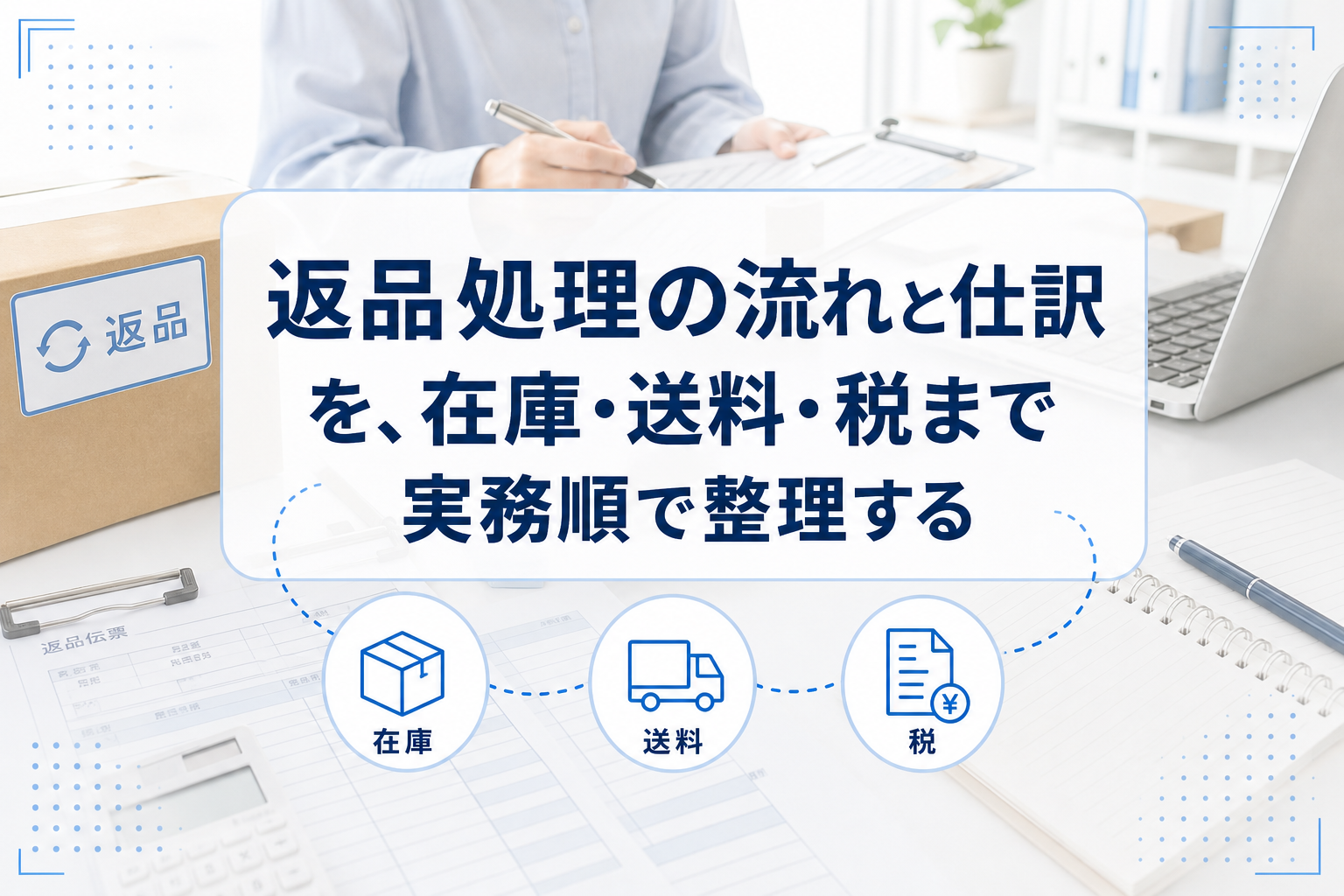 返品箱と伝票、書類を置いた業務デスクの実写に、返品処理と仕訳を示すタイトルカードを重ねたアイキャッチ。