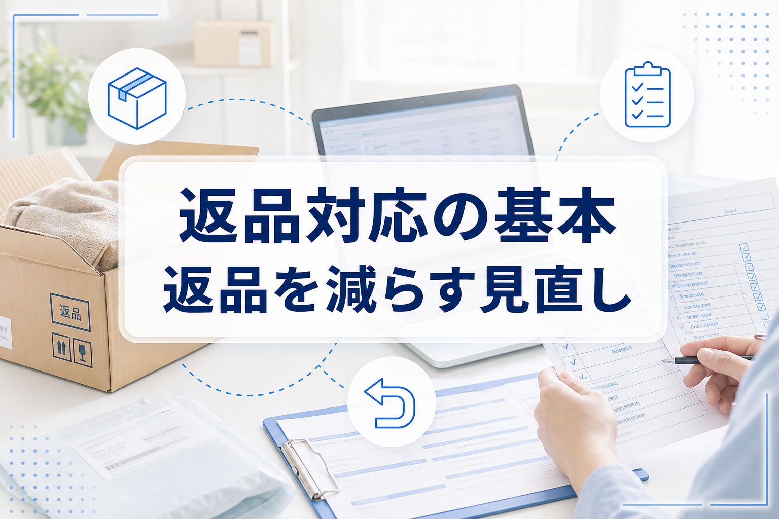 返品の箱と確認作業を背景に、返品対応の基本と見直しを示すアイキャッチ