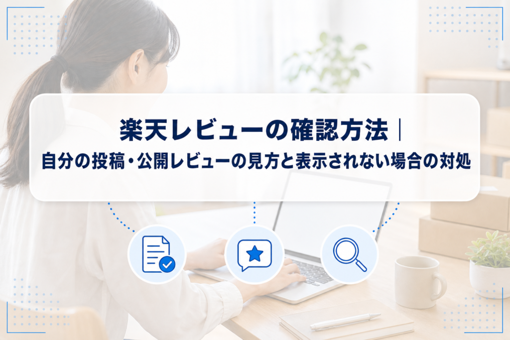 ノートPCでレビューを確認する人物と、投稿済みレビュー・公開レビュー・確認を示すアイコンを配した楽天レビュー確認方法の記事アイキャッチ