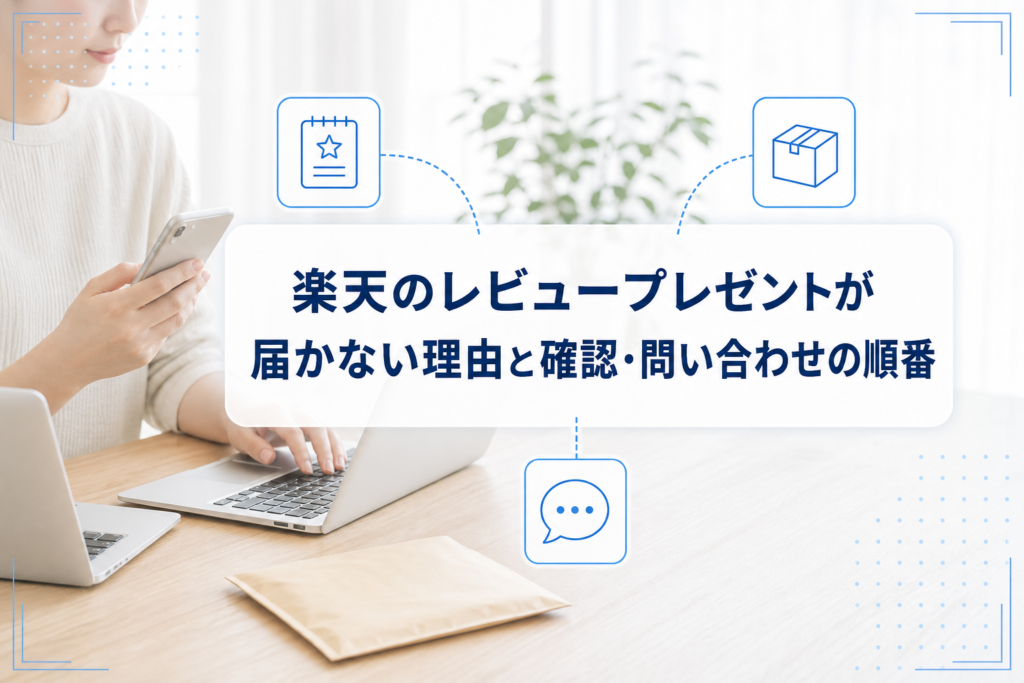 注文内容とメールを確認する購入者を背景に、レビュープレゼントが届かないときの確認・問い合わせの順番を示すアイキャッチ。