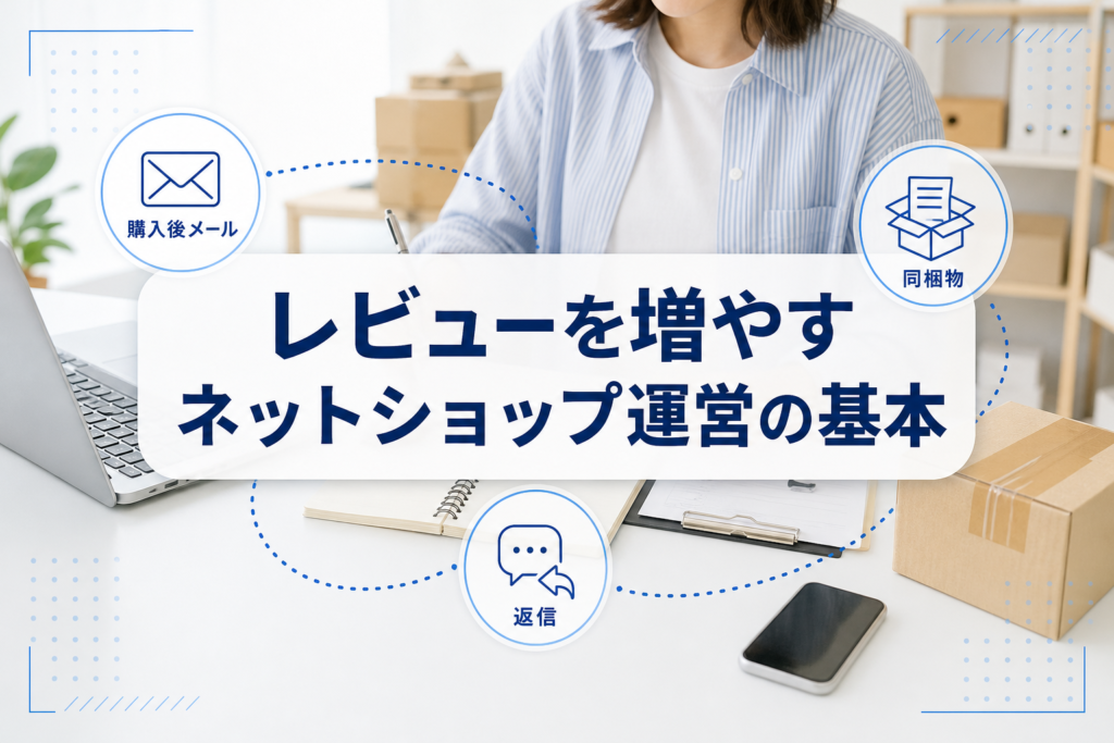 レビュー増加の基本を示すネットショップ運営の表紙画像。明るい作業机を背景に、レビュー投稿と返信を表すアイコンが中央タイトルカードの周囲に配置されている。