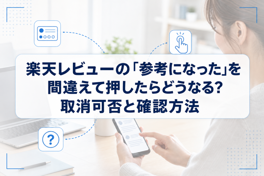 スマートフォンのレビュー画面を確認する人物と、参考になったボタンの誤操作・取消可否の確認を表すイメージ。