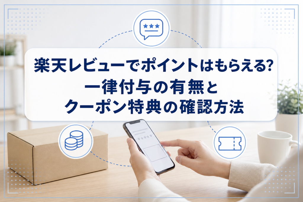 スマートフォンでレビューを確認する手元と、ポイント・クーポンを表すアイコン。