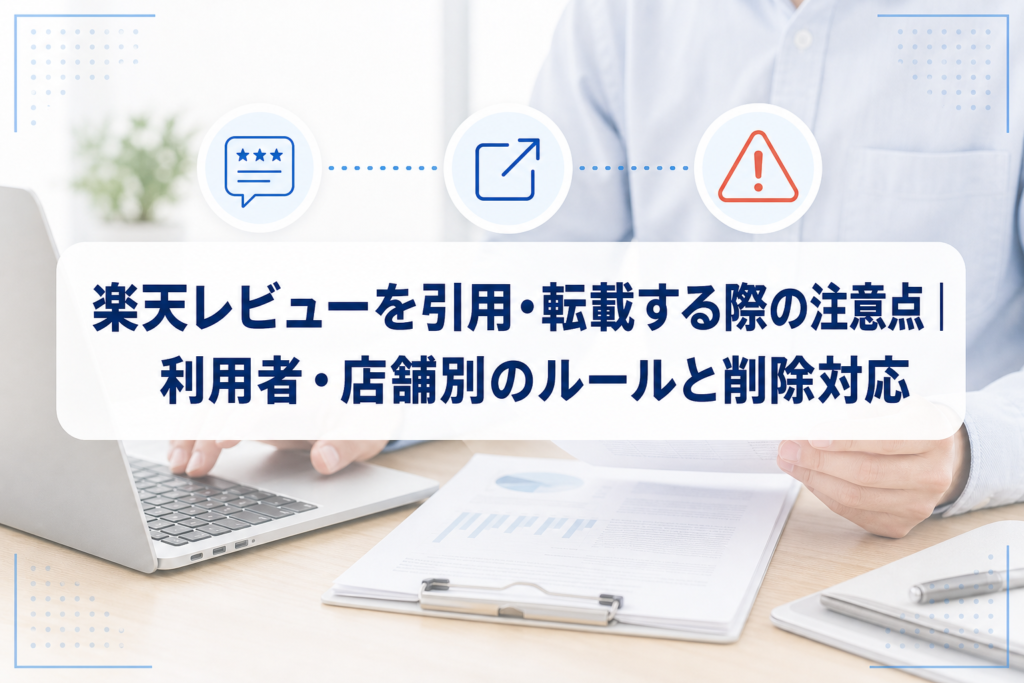 レビューの引用・転載前にルールを確認する様子を示す、ノートPCと注意マークのアイキャッチ。