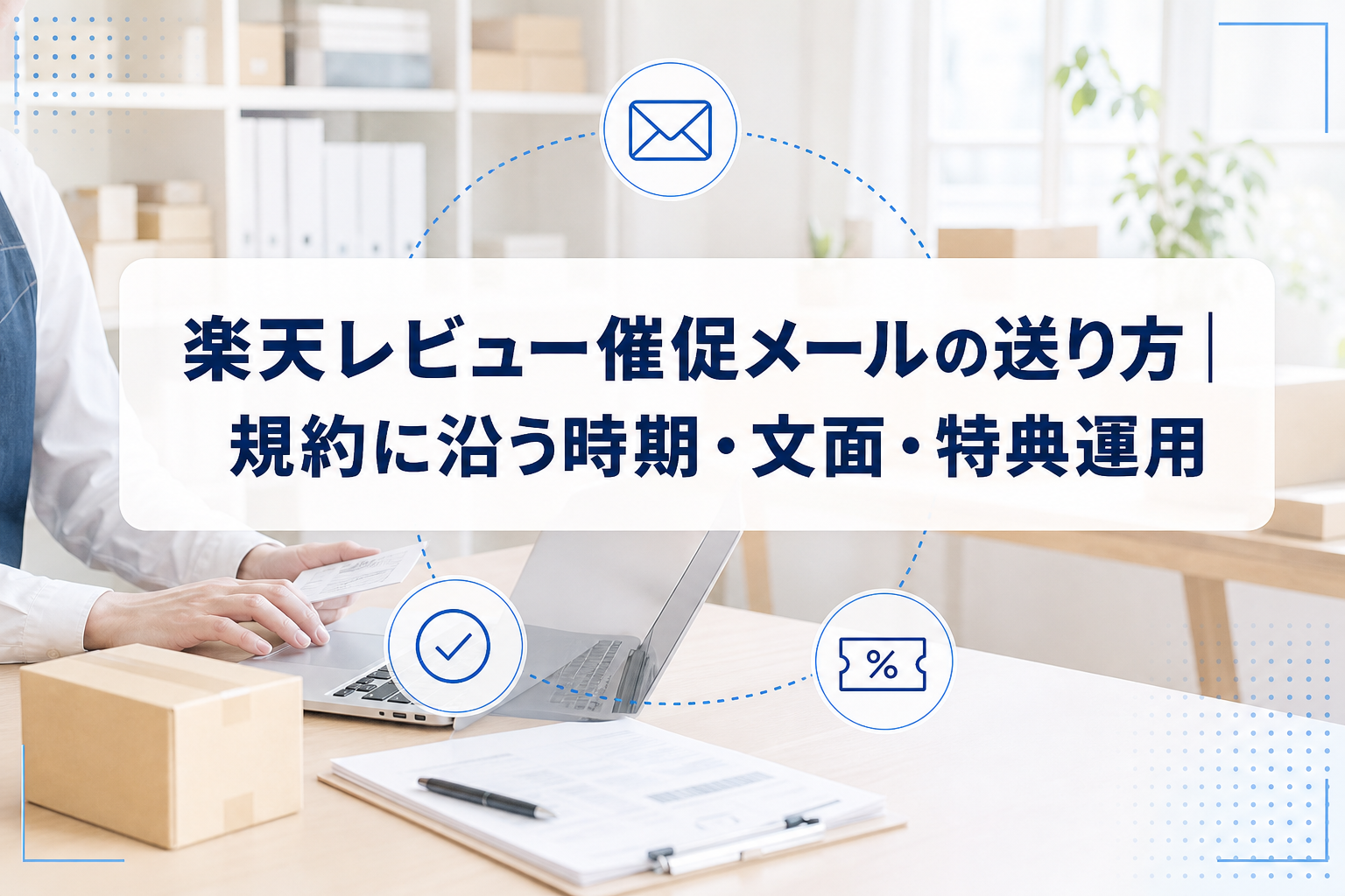 梱包済みの商品とノートPCを確認する事業者の写真に、楽天レビュー催促メールの送り方と表示したタイトルカード、メール・確認・クーポンのアイコンを重ねたアイキャッチ。