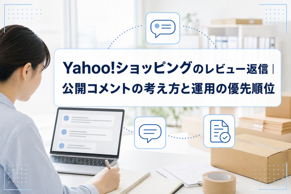 ノートPCでレビューを確認するEC担当者と、公開コメントの考え方・運用の優先順位を示すタイトルカード