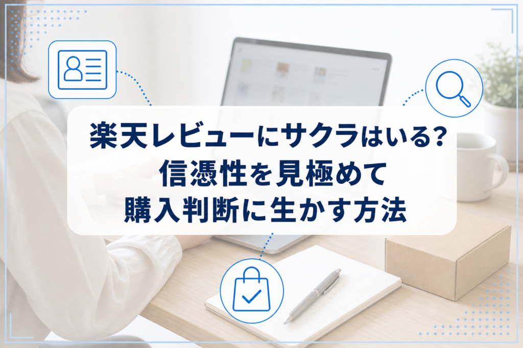 ノートPCと無地の商品箱のそばでレビューを確認し、購入判断を考える人物の手元。中央に記事タイトルが表示されている。