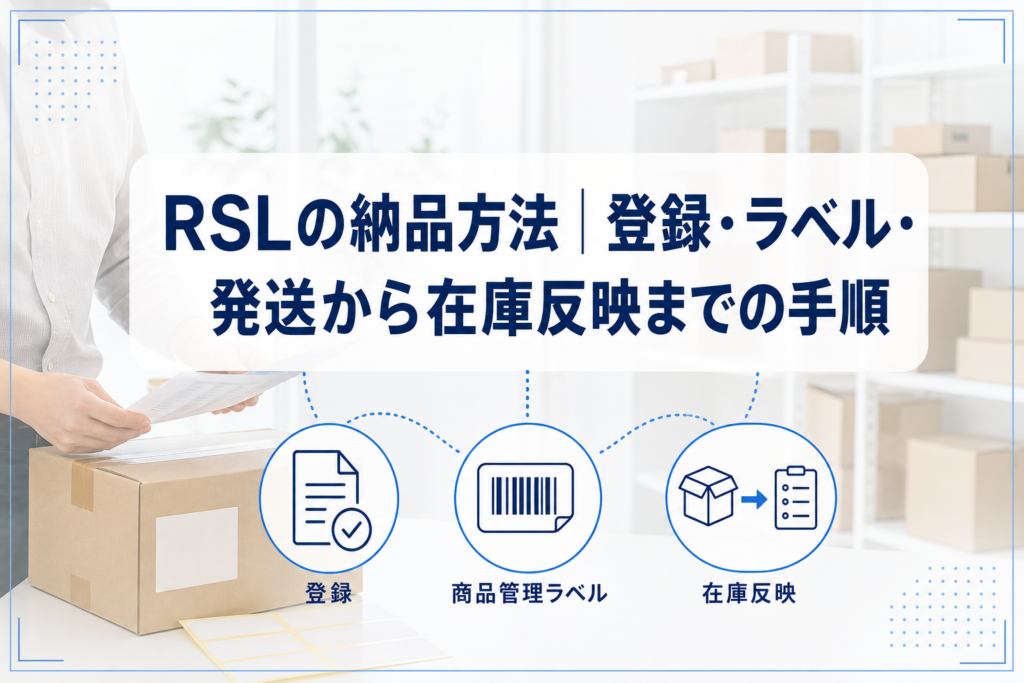 PC、段ボール箱、商品ラベルを確認する担当者の写真に、登録・商品管理ラベル・在庫反映をつないだRSL納品方法のアイキャッチ。