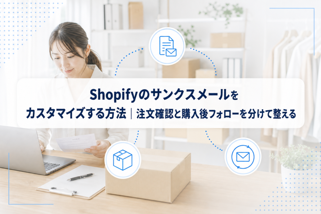 注文確認メールと購入後フォローを表すメール、箱、フォローのアイコンを添えた、ネットショップ運用者の作業風景