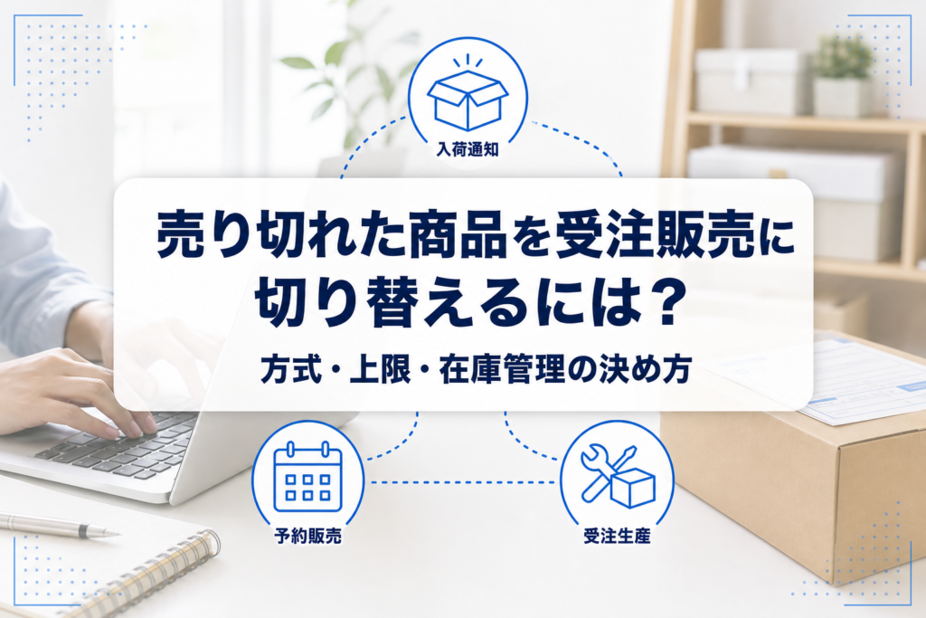 売り切れた商品の受注販売への切り替えと在庫管理を示す、PCと梱包箱の業務写真を背景にしたアイキャッチ。