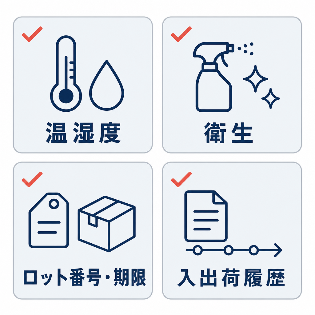 発送代行会社へ確認したい保管環境と追跡管理の項目として、温湿度、衛生、ロット番号・期限、入出荷履歴を示したチェックリスト図。