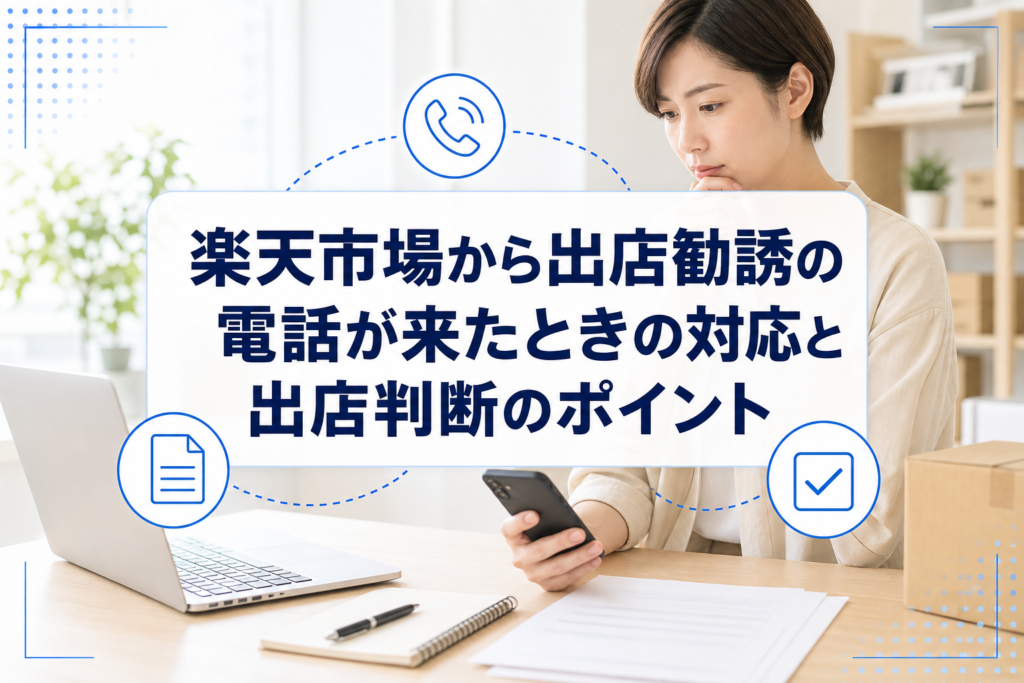 スマートフォンの着信を確認しながら書類を見る事業者と、出店勧誘電話への対応と出店判断を示すタイトルカード。