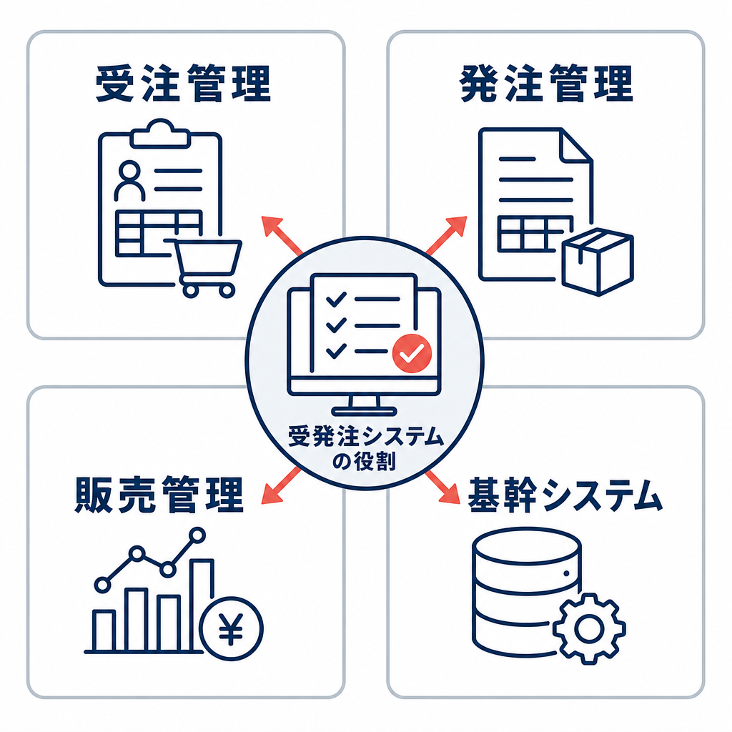 受注管理、発注管理、販売管理、基幹システムの役割範囲を比較する図