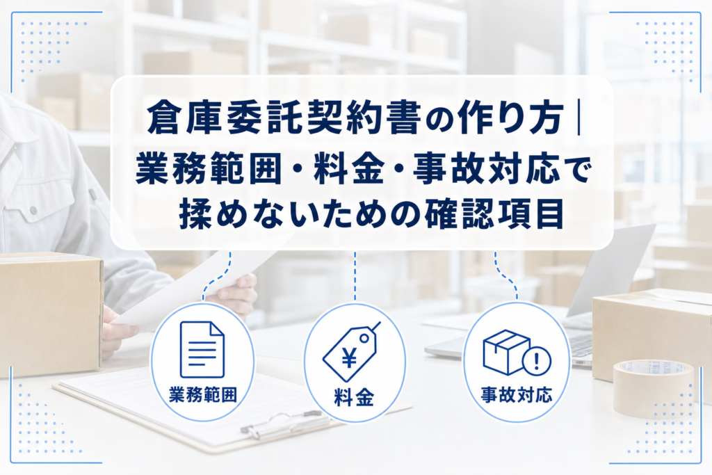 契約書類と梱包箱を確認する倉庫業務の写真に、業務範囲・料金・事故対応を示すアイコンを重ねた倉庫委託契約書の記事アイキャッチ