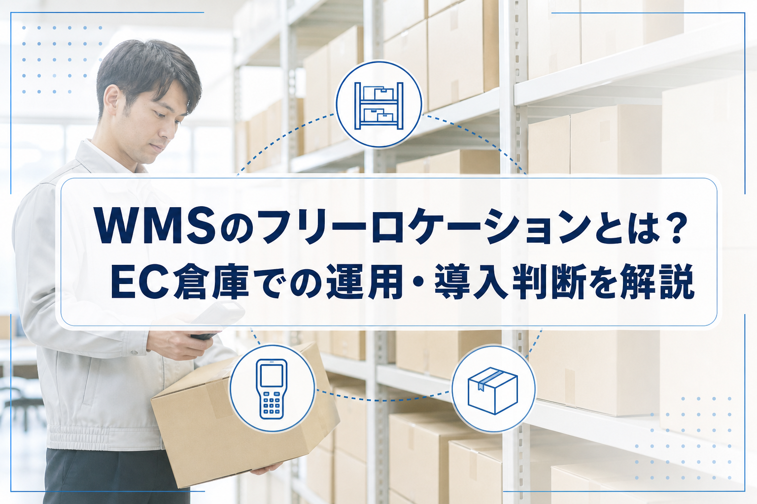 ハンディ端末で段ボールを扱うEC倉庫作業者と棚を背景に、WMSのフリーロケーションを示すタイトルカードと棚・箱・端末アイコンを重ねたアイキャッチ。